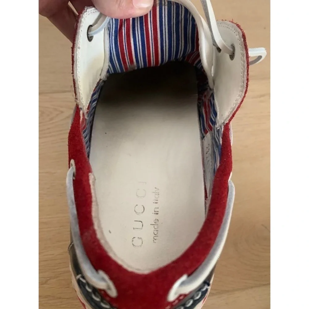 Gucci Mens Boat Shoes 232417 Red White Navy Patent Leather Suede Deck Shoes 9.5
